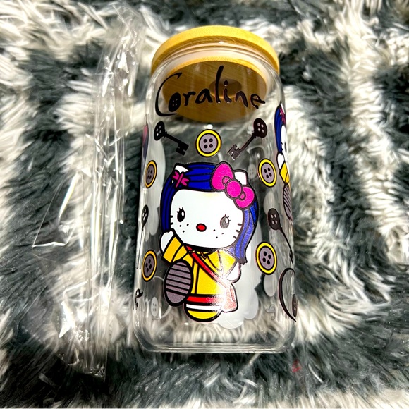 Hello Kitty Other - Hello Kitty Coraline Glass Cup with Bamboo Lid and glass Straw NIB handmade